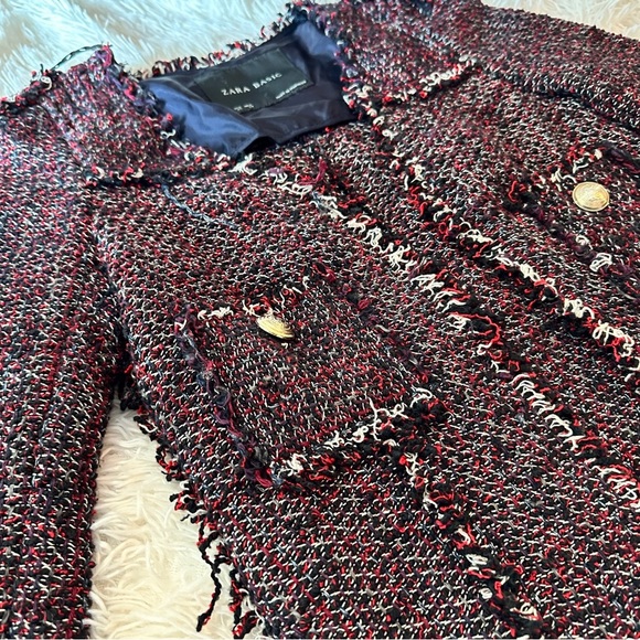 Zara Basic Tweed Longline Coat Jacket XS Black Red Fringe Bouclé - Picture 12 of 16
